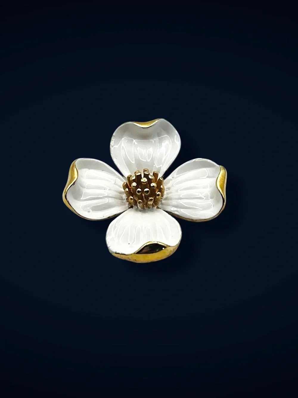 Vintage Crown Trifari White Enamel and Gold Tone Dogwood Flower Brooch Estate Pc